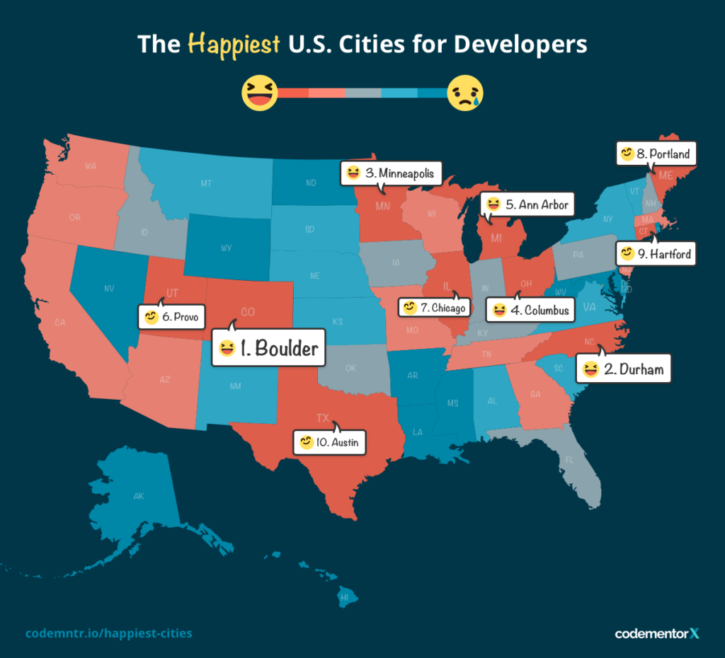 map of happiest us cities for software developers to live in